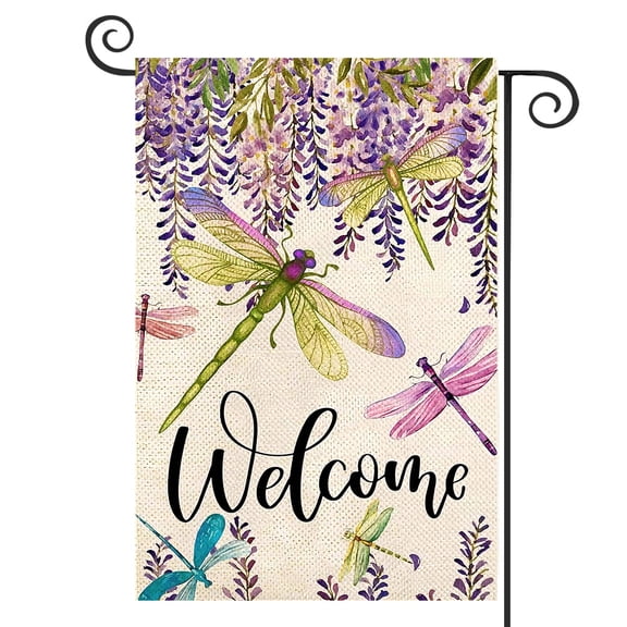 DMERBYL Spring Summer Flower Garden Flag Wisteria Dragonfly Floral Welcome Small Yard Flag Burlap Double Sided Vertical Seasonal Farmhouse Wedding Yard Outdoor Decoration 12x18 Inch