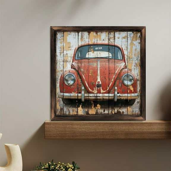 Vintage Beetle Red Car Faded Wood Wooden Sign Wall Plaque - Vintage Art Decoration, Wall Decoration - Ideal Gift For Home Decoration, Living Room, Bathroom, Bedroom, Garden, Dining, Bar, Cafe, Fest