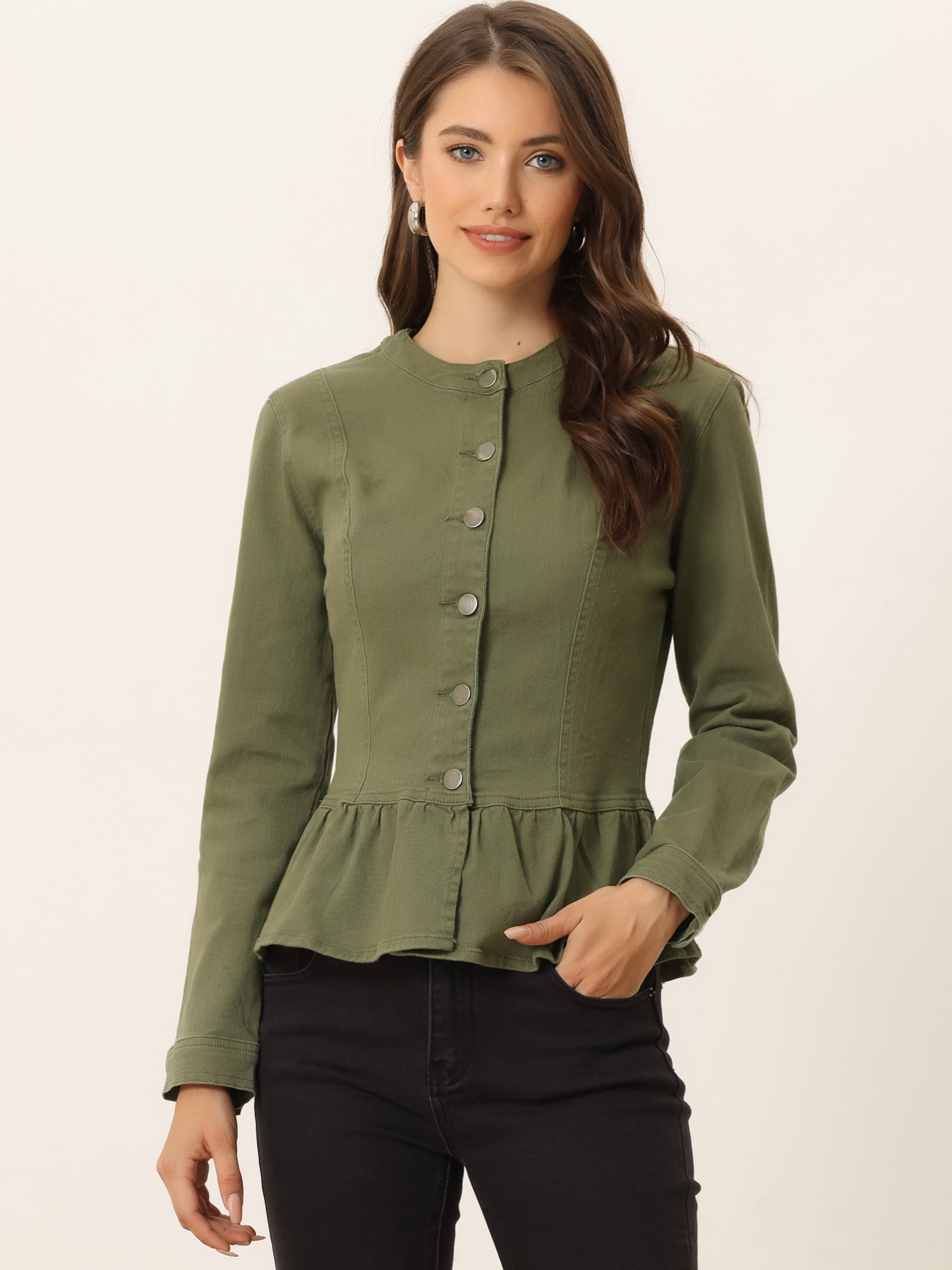 DARING DIVA Women's Button Down Cropped Ruffle Hem Denim Jacket L Army Green