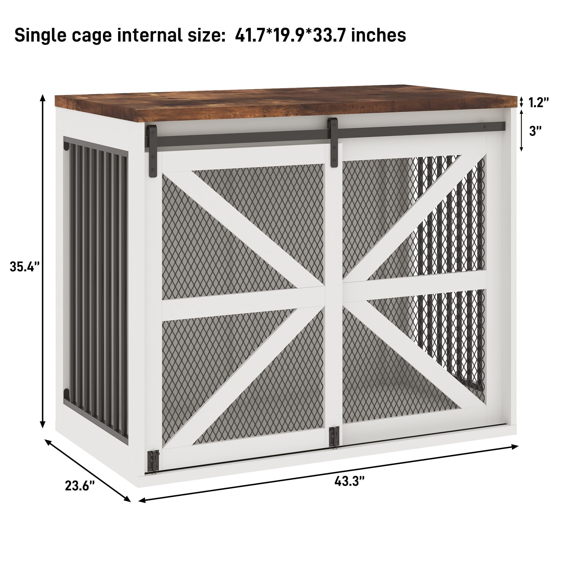 Blotout 43.3" Farmhouse Dog Crate Furniture, Wooden Dog Crate Furniture with Sliding Metal Mesh Barn Door, Solid Metal Tube & 2 Lockable Doors, XL Rustic Brown
