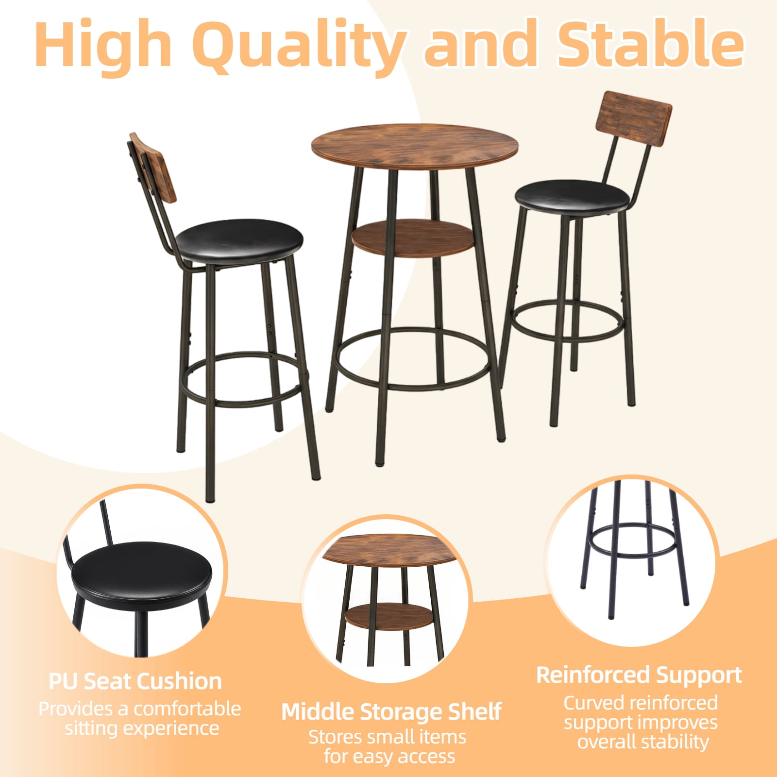 Bar Table Set, 3-Piece Round Dining Table with 2-Tier Storage and 2 PU Upholstered Stools, Compact Design for Small Spaces and Apartments, 23.62 Inch Diameter Brown