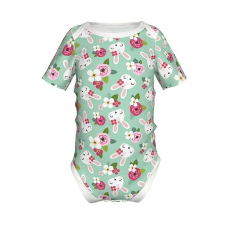 

Junzan Bunny And Rose Print Short-Sleeve Baby Climbing Clothes Bodysuits for Infant One-Piece for Baby Boys & Girls Baby Clothes Baby Romper with Snap Closure-18 Months