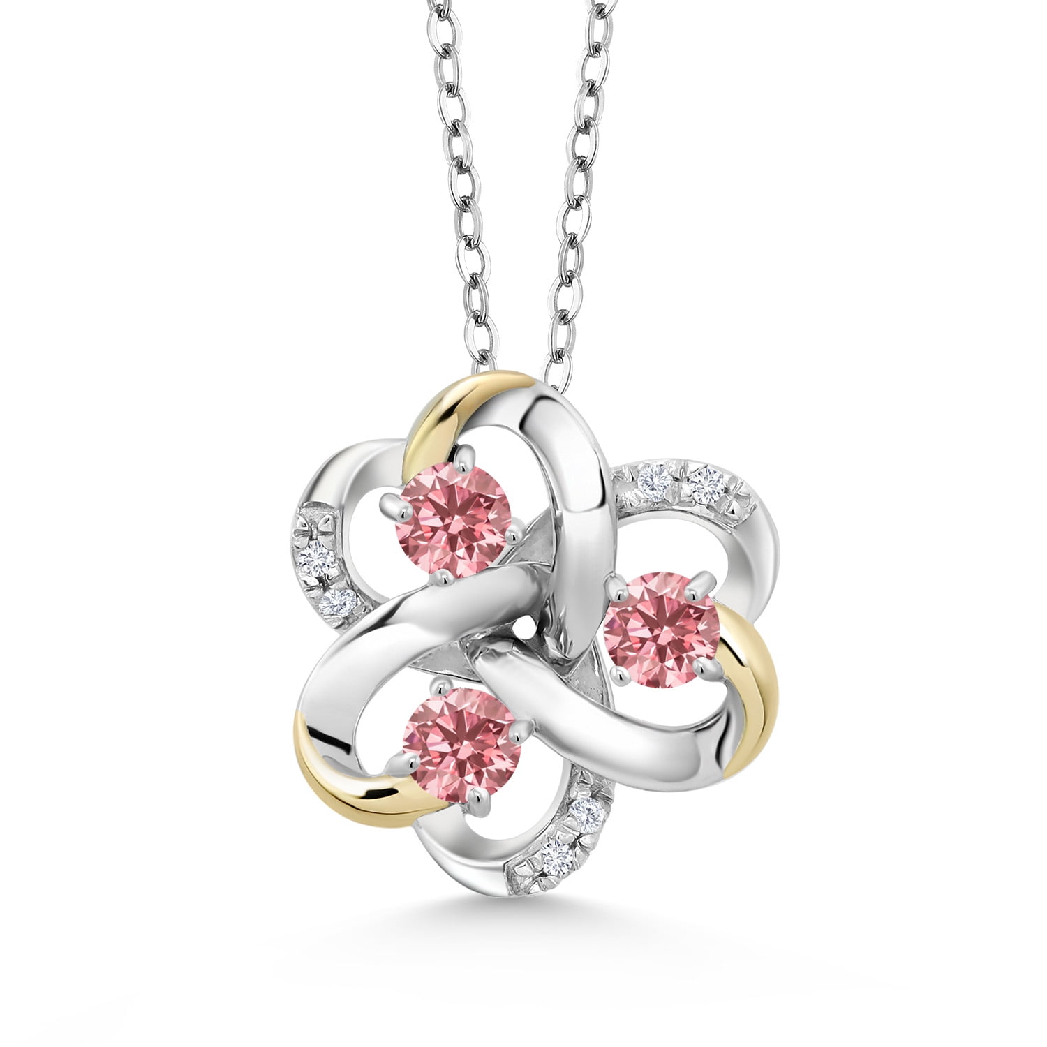 Gem Stone King 925 Silver and 10K Yellow Gold Round Pink and White Lab Grown Diamond 3-Stone Pendant Necklace for Women (0.80 Cttw, Gemstone April Birthstone, with 18 inch Chain)