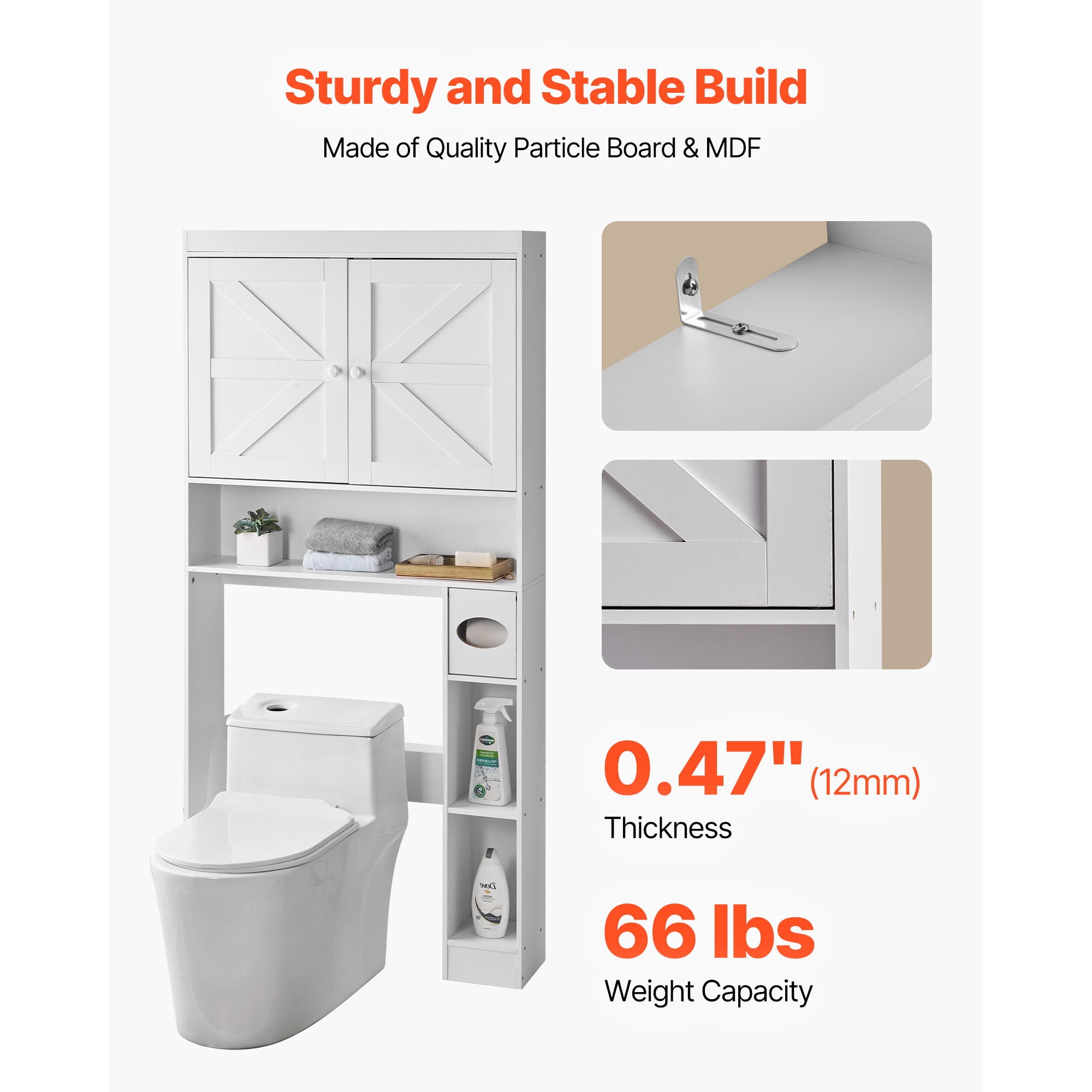 KFFKFF Over-The-Toilet Storage Cabinet, 67.44-Inch Tall Bathroom Organizer with Adjustable Shelf and Double Doors, Space-Saving Bathroom Storage with Open Shelf, White