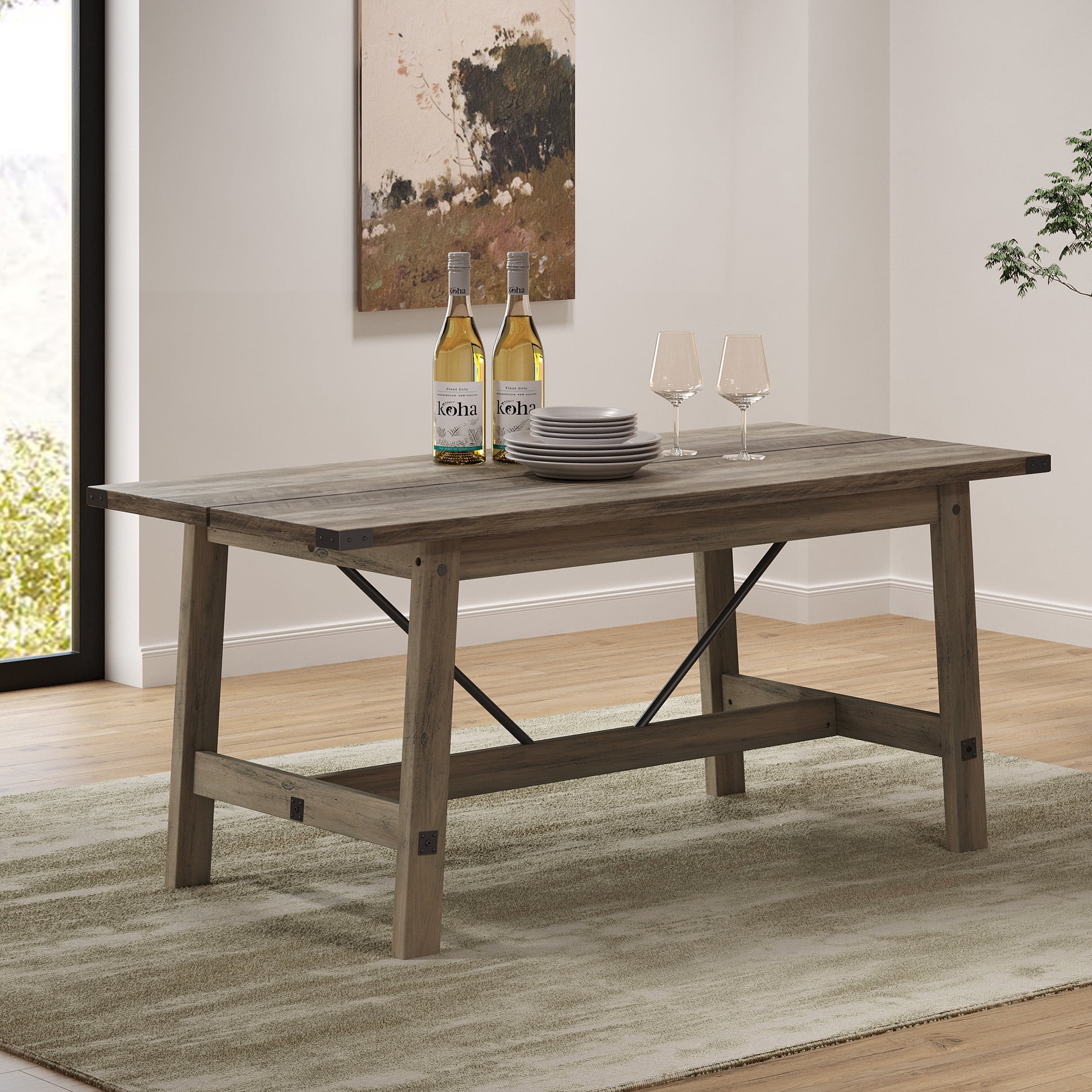 WAMPAT Rustic Grey Wood Dining Table, 6 Person Modern Kitchen Room Table