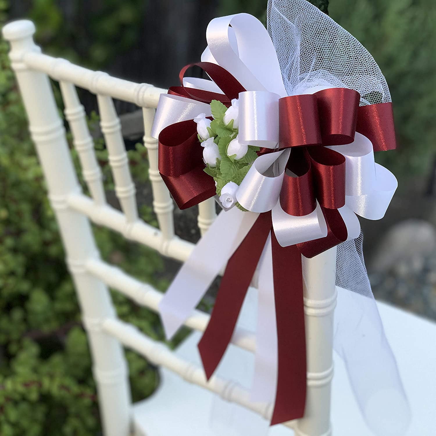 Burgundy and White Wedding Pull Bows with Tulle Tails and Rosebuds - 8" Wide, Set of 6, Pew Bows, Anniversary, Reception, Birthday, Christmas, Valentine's Day