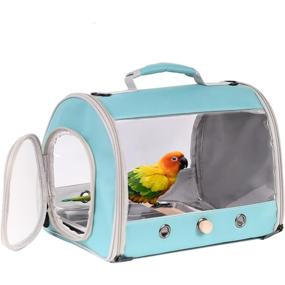 Long Tail Portable Bird Travel Carrier Cage with Metal Tray Soft Mat and Wooden Standing Perch, Hands Free Lightweight Clear 2 Windows Carry Bag for Parakeet Budgies Cockatiel Transport to Vet