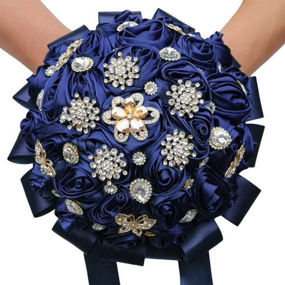 Namzi Handmade Luxury Wedding Bridal Bouquet Large Silk Rose Holding Toss Artificial Flowers Bouquets Bride Vintage Royal Wedding Bouquet (Dark Blue A)