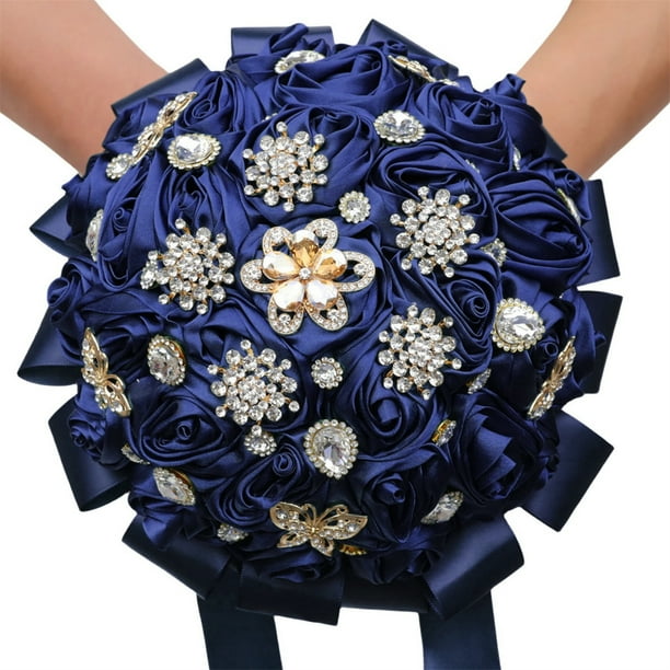 XmhyTop Ramo de novia de lujo hecho a mano con rosas de seda grandes y flores artificiales para boda real vintage (azul oscuro A)