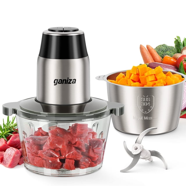 GANIZA Food Processors, Electric Food Chopper with Meat Grinder & Vegetable Chopper - 2 Bowls (8 Cup+8 Cup) with Powerful 450W Copper Motor - Include