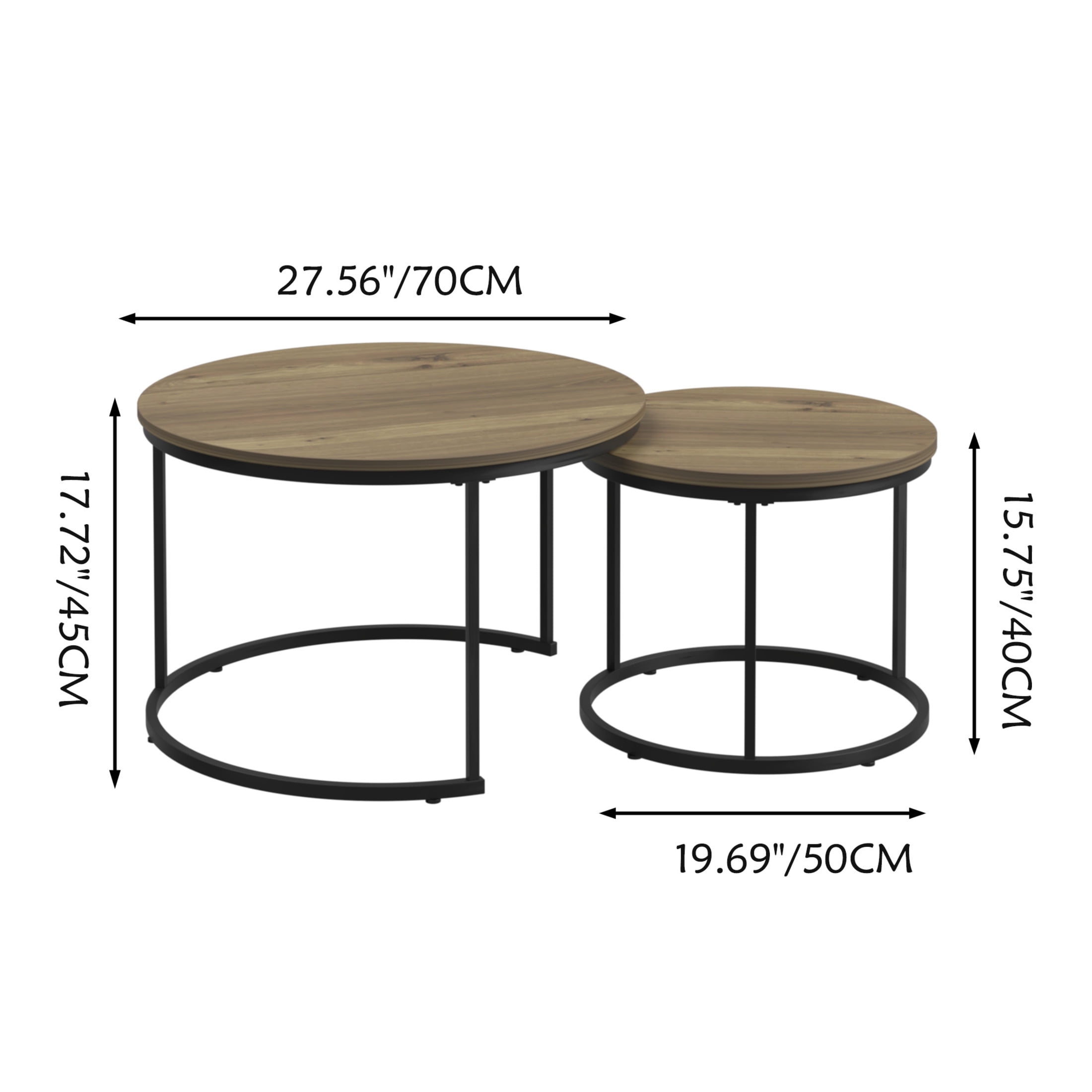 Noble House Lazura 27.6" Grain Look Nesting Coffee Table Set, Round MDF Top with Metal Base, Brown, Set of 2