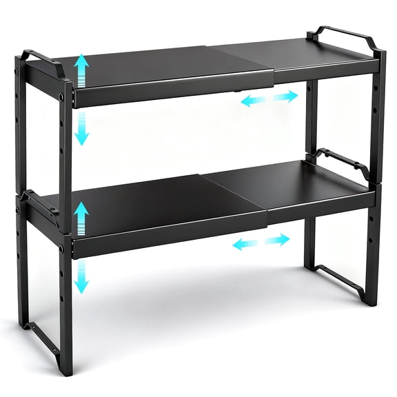 2 Pack Expandable Cabinet Organizer Shelves, Stackable Kitchen Countertop and Pantry Storage, Adjustable Cupboard Shelf Rack, Length 20.5"