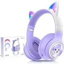 QearFun Kids Wireless Headphones,Cat Ear Headphones with LED Lights for Kids/Boys/Girls/Toddler, 2 in 1 Childrens Bluetooth/Wired Headphones Foldable with Mic for Phone/Tablet/Laptop,Purple