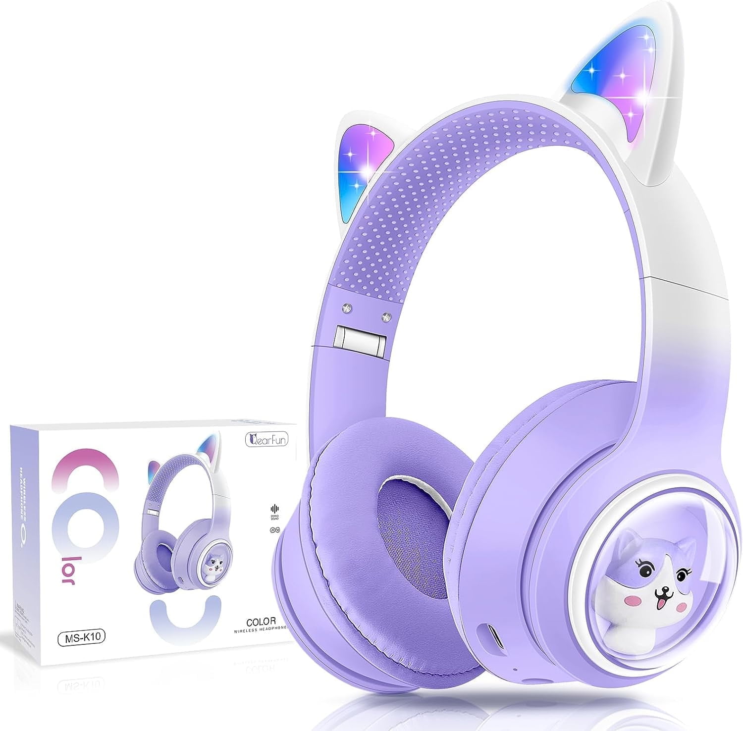 QearFun Kids Wireless Headphones,Cat Ear Headphones with LED Lights for Kids/Boys/Girls/Toddler, 2 in 1 Childrens Bluetooth/Wired Headphones Foldable with Mic for Phone/Tablet/Laptop,Purple