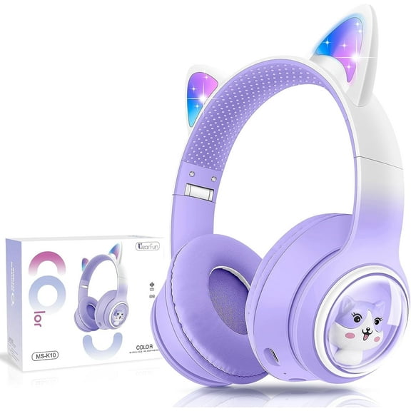 QearFun Kids Wireless Headphones,Cat Ear Headphones with LED Lights for Kids/Boys/Girls/Toddler, 2 in 1 Childrens Bluetooth/Wired Headphones Foldable with Mic for Phone/Tablet/Laptop,Purple