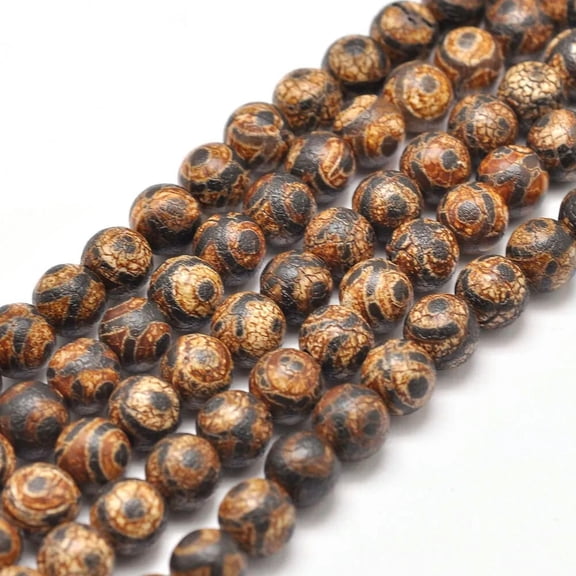 U8MO 5Strands Round Saddle Brown Dyed Natural Agate Tibetan Style 3-Eye dZi Beads 8mm