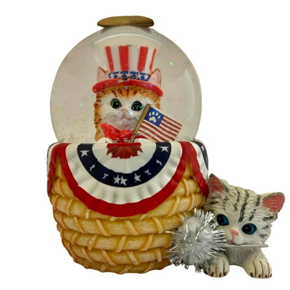 The Bradford Exchange Holiday Water Globe Sculpture Collection Issue #6: "Feline Proud On 4th Of July" Hand-Painted Light-Up Cat Figurine with Glitter Collectible Sculpture by Kayomi Harai 4.2-inches