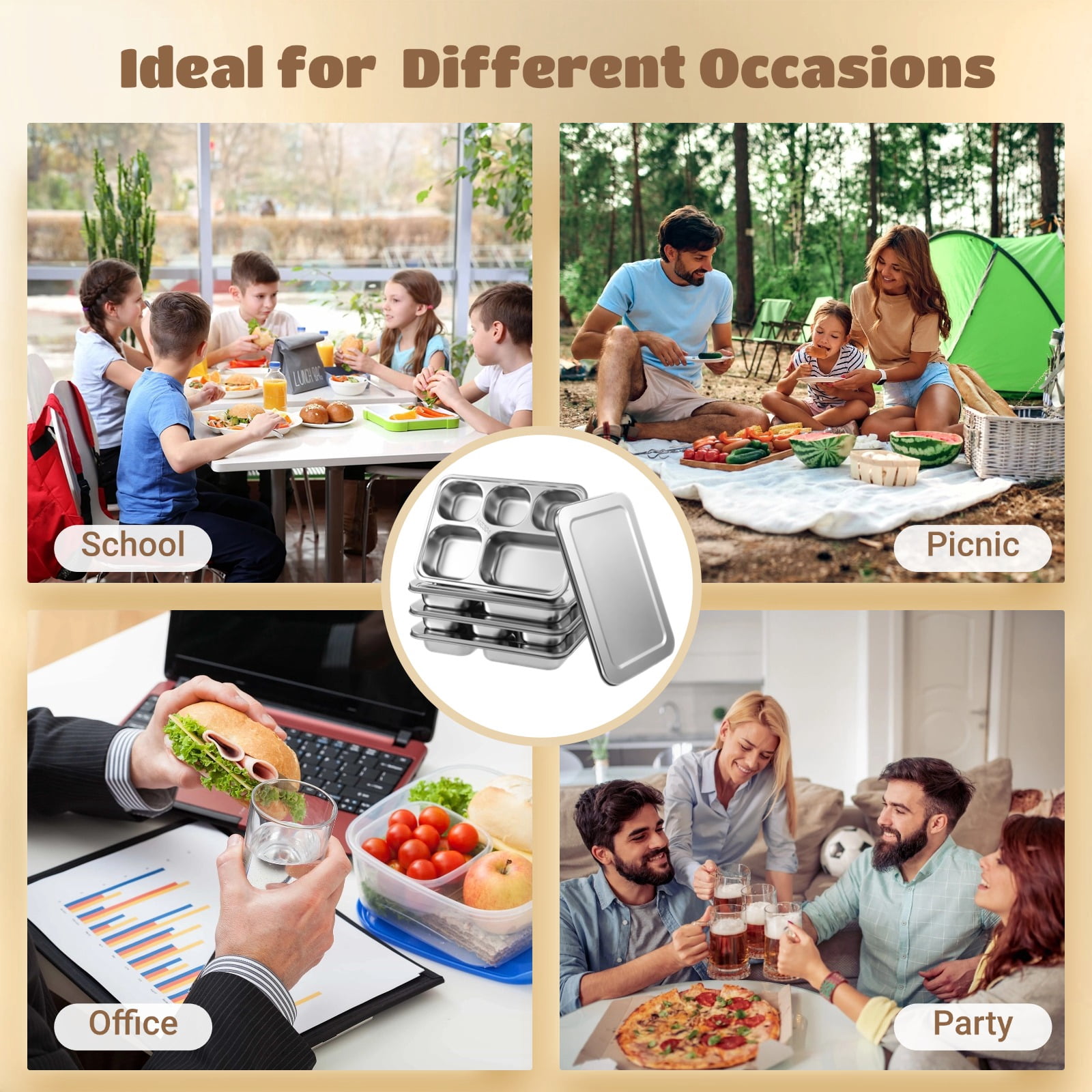 4 Pcs Stainless Steel Snack Containers, 5-Compartment Bento Boxes with Lids, Metal Lunch Trays for Adults & Little Ones, Reusable Meal Prep Lunch Containers for Work, Camp, Travel