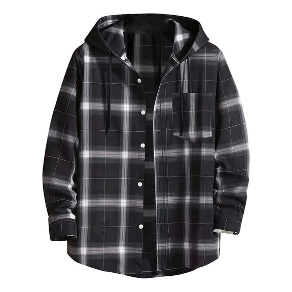 Breezora Men's Long Sleeve Shirt Plaid Flannel Casual Button Down Hooded Jacket Outdoor Hiking Camping Utility Shacket with Pockets L Size Black