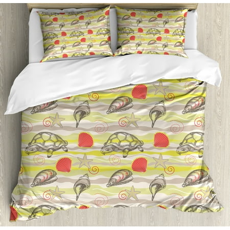 Sea Shells Duvet Cover Set, Abstract Wavy Background Stars and Vortex Designs Tortoise Clams, Decorative Bedding Set with Pillow Shams, Yellow Green Tan Vermilion, by (Best Bedding For Desert Tortoises)