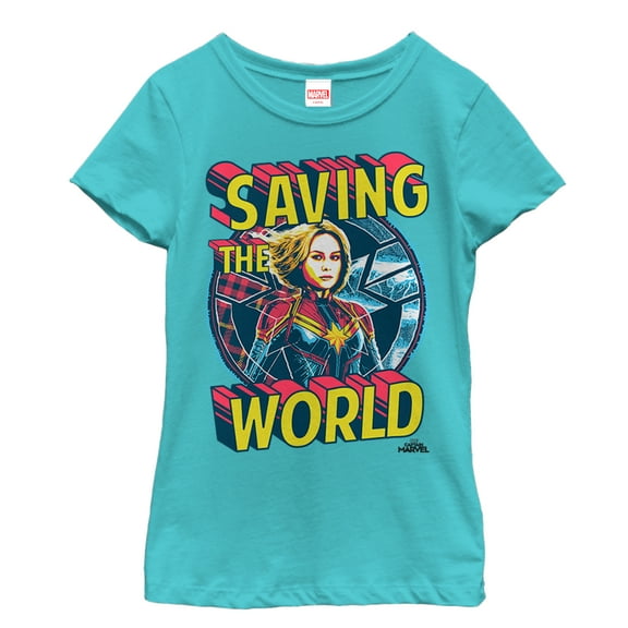 Girl's Marvel Captain Marvel Saving the World  Graphic Tee Tahiti Blue X Small