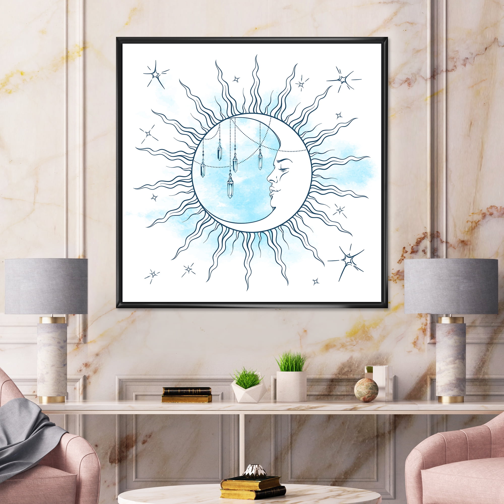 Designart 'Blue Crescent Moon With Stars and Moonstone Pendants' Bohemian & Eclectic Framed Canvas Wall Art Print