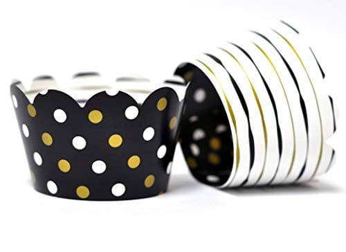 Weddings Anniversary celebrations,Bridal Showers Set of 24 Reversible Black and Gold stripes to polka dots Scalloped Cup Cake Holder Wraps. Black and Gold Cupcake Wrappers for birthday parties