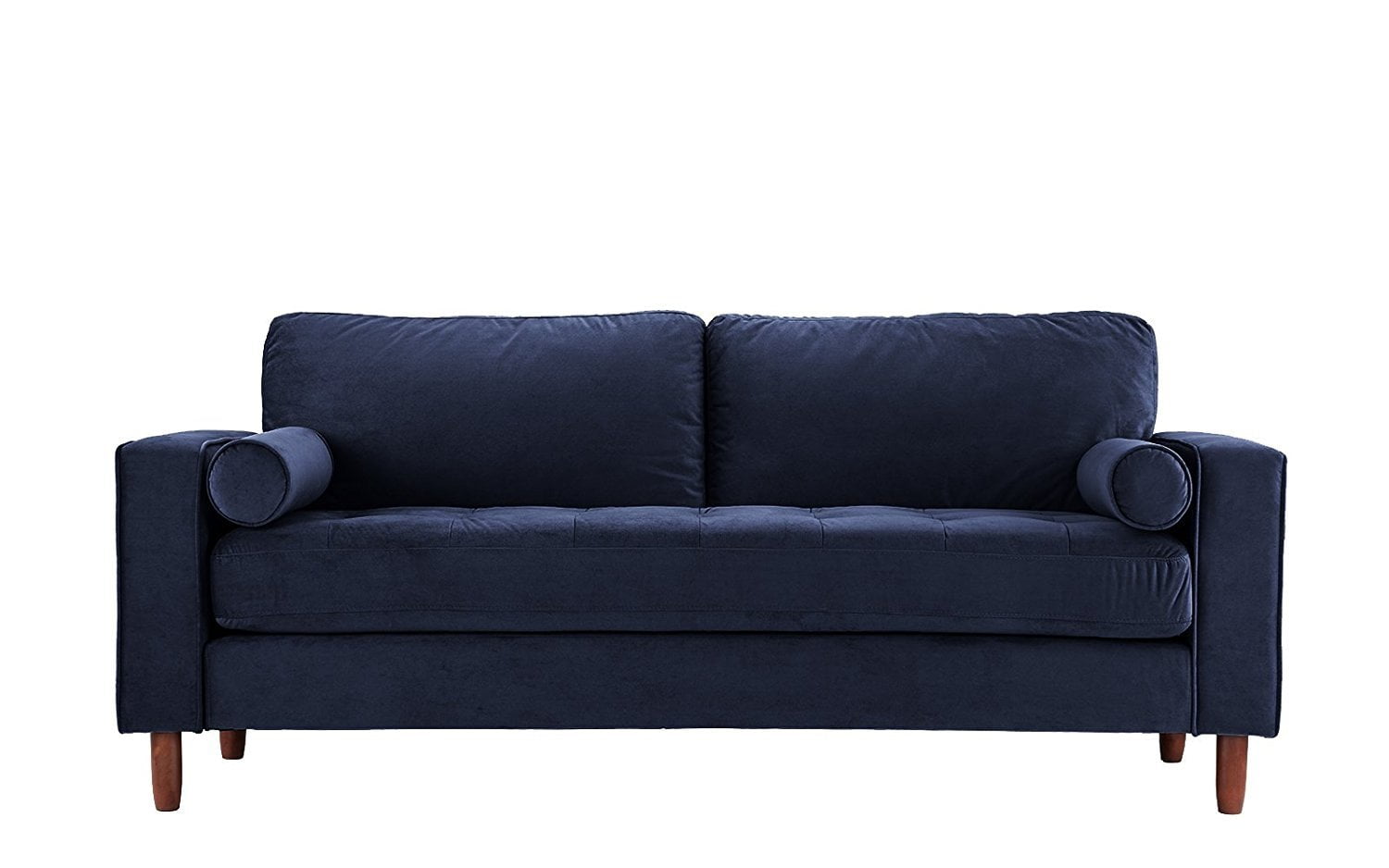 Mid Century Modern Velvet Fabric Sofa Couch With Bolster Pillows Navy