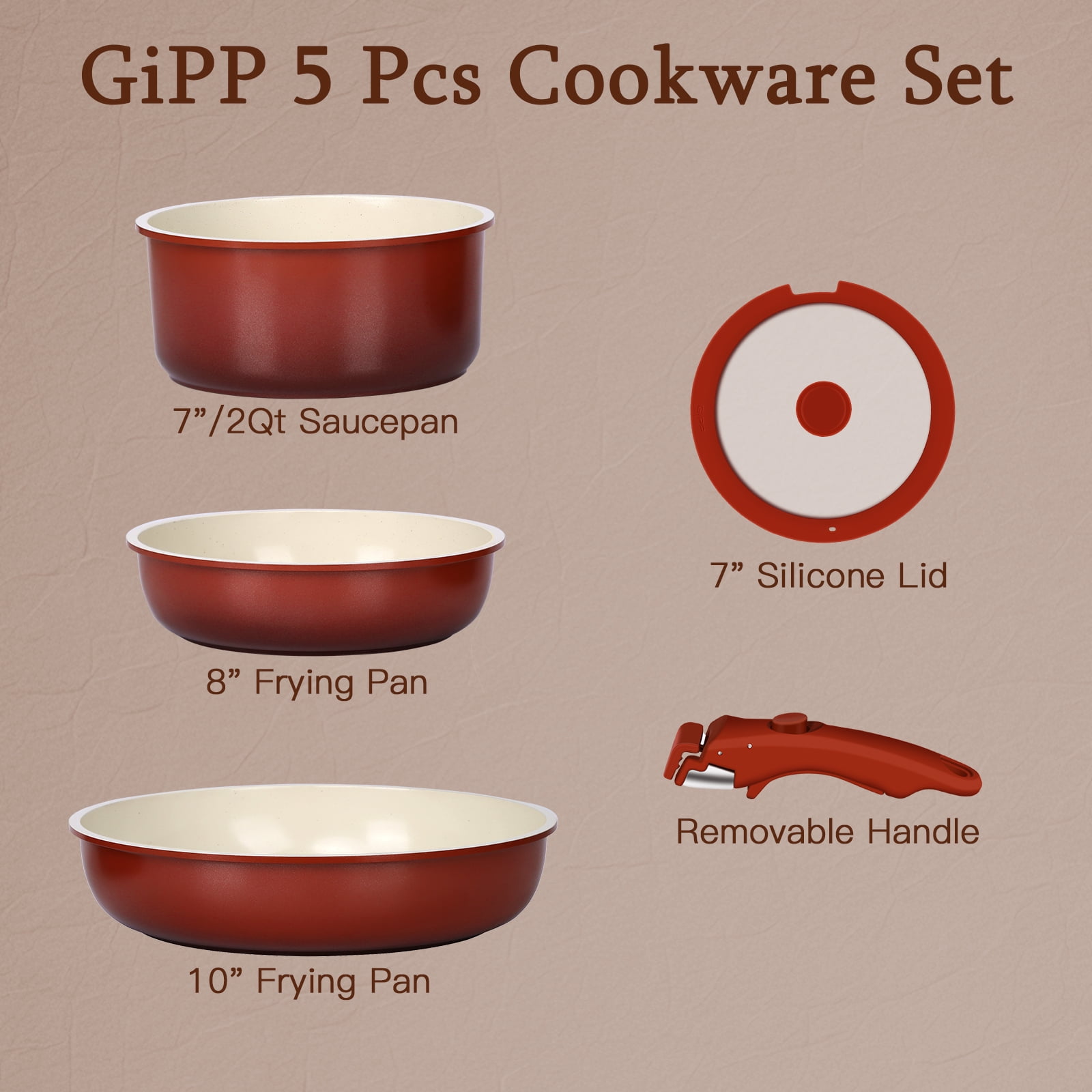 Gipp 5pcs Pots and Pans Set Non Stick,Ceramic Cookware Sets with Removable Handle, Oven & Dishwasher Safe,Induction Cookware,Kitchen Cooking set,Red