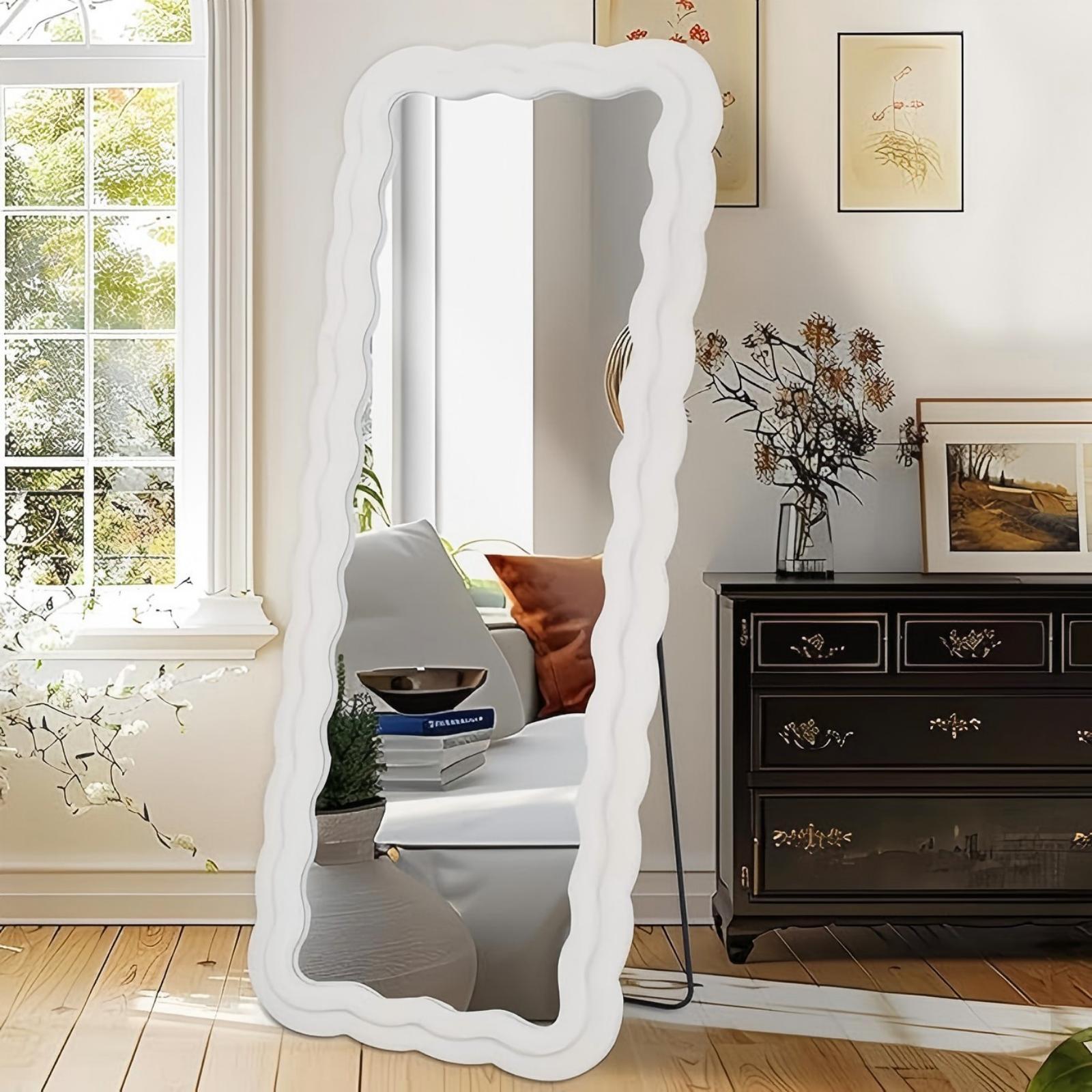 Anyrose 63"x24" Wavy Full Length Mirror Floor Mirror with Flannel Frame,White