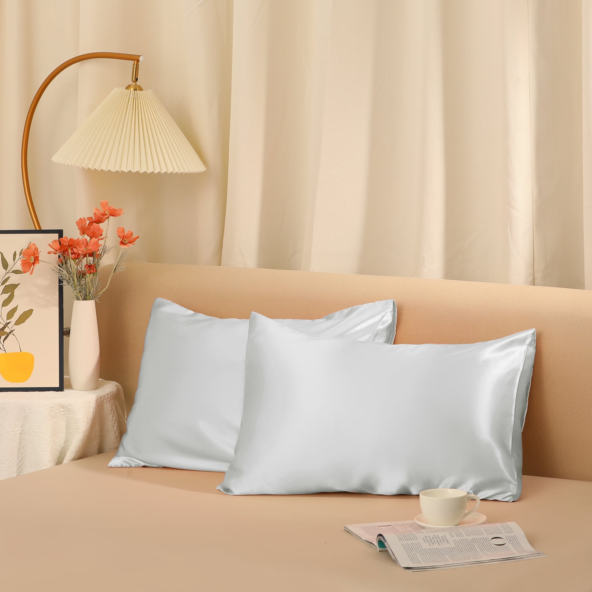 Unique Bargains Envelope Closure Breathable and Soft Satin Pillowcase (2 Count) Light Gray Queen