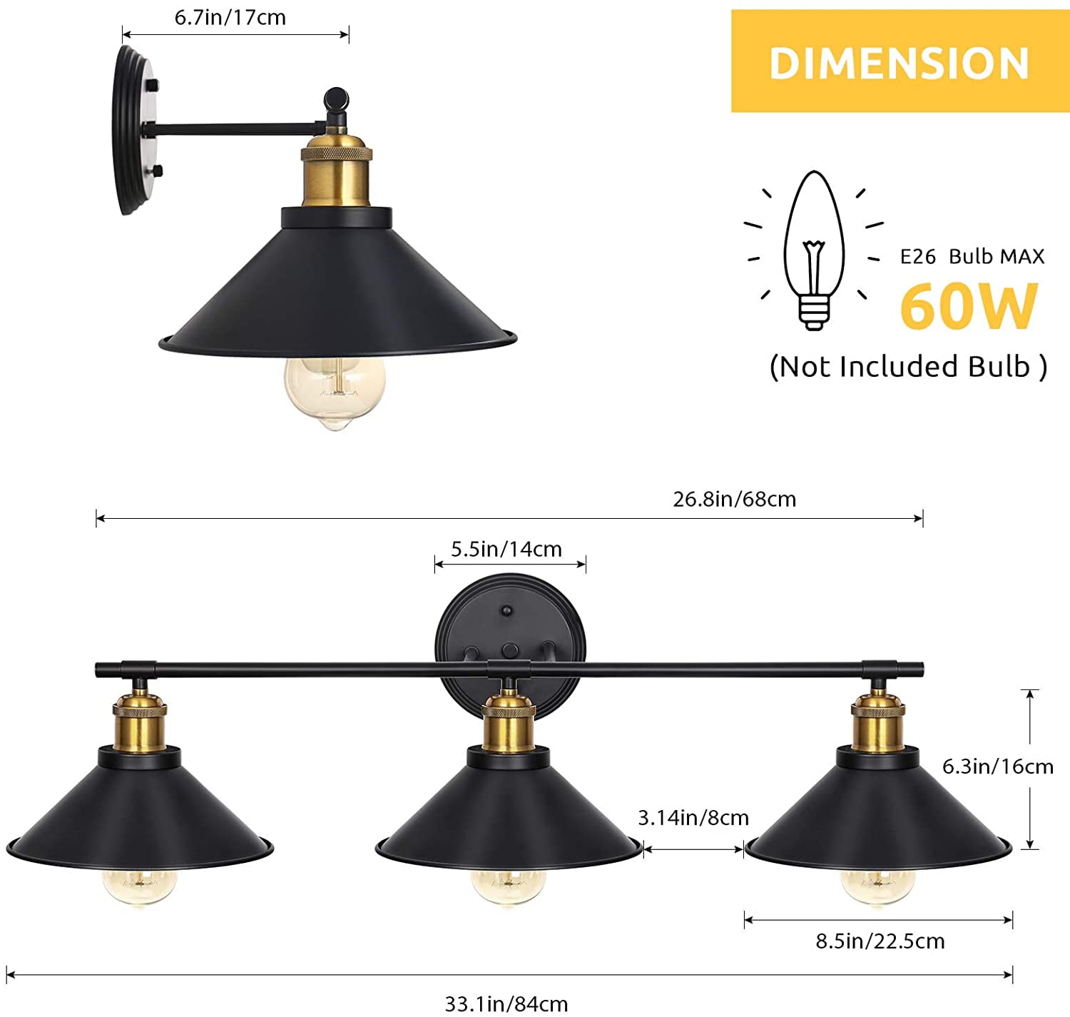 Oumilen Industrial Farmhouse Indoor 3-Light Wall Sconce with Matte Metal Shades