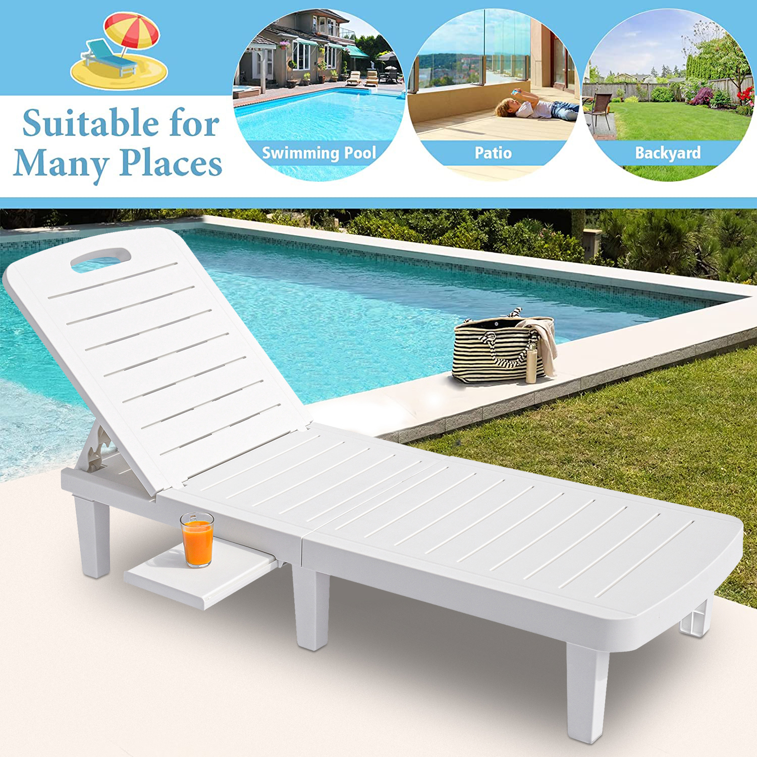 Set of 2 Patio Chaise Lounge, Outdoor Pool Lounge Chair for 2, Layout Chair Outdoor Furniture Adjustable with 5 Positions | Side Table | Max Weight Capacity 330 lbs White - image 5 of 11