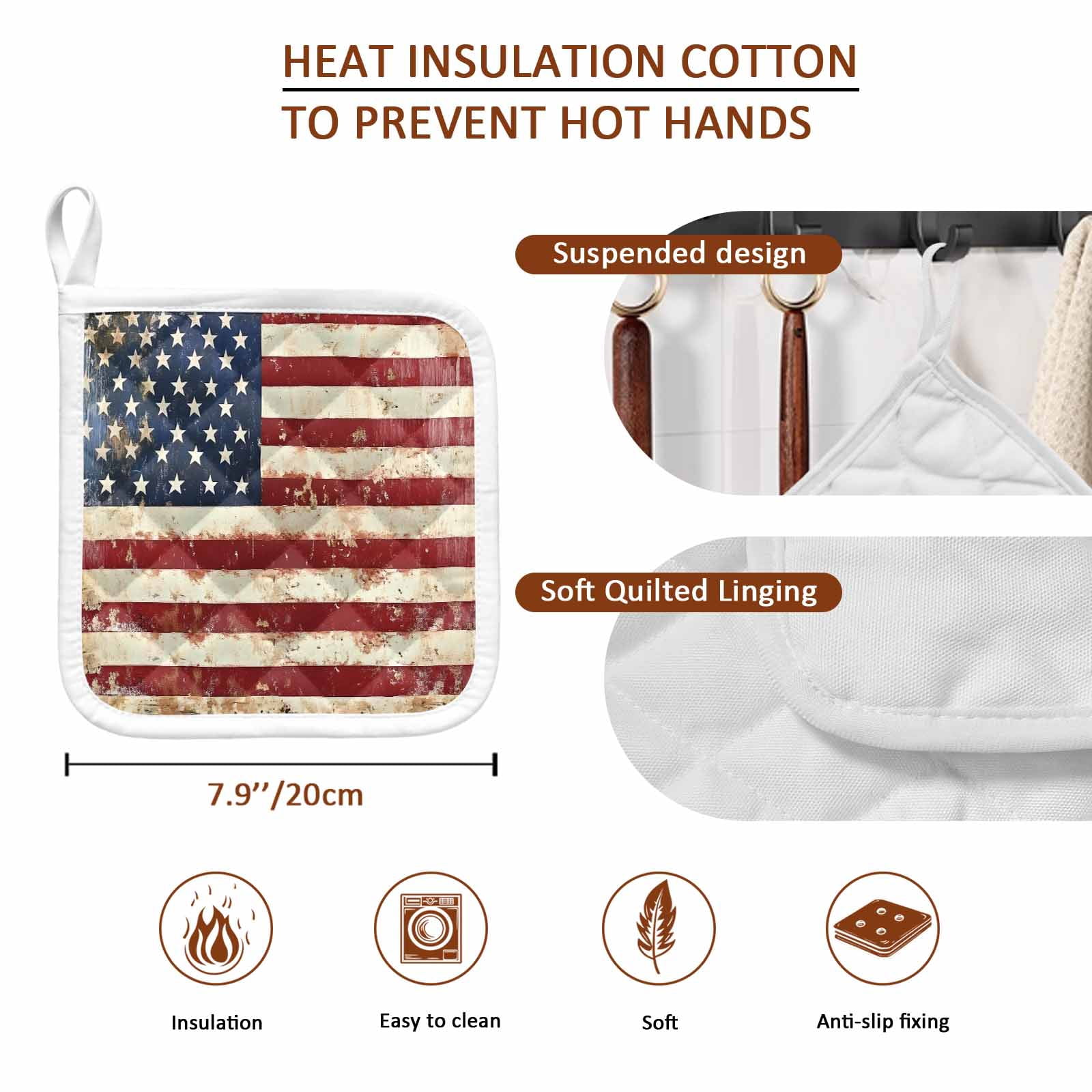 American Flag Pot Holders for Kitchen Heatproof Potholder, 4 Pack Vintage Blue Red USA Flag Retro Hot Pads Multipurpose Oven Pads Cloth Potholders Trivet for Cooking and Baking