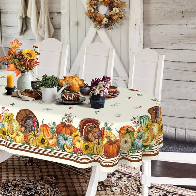 Nappe Ovale de l'Action de Grâce 60x102 Po, Nappe de Récolte d'Automne Citrouille Tournesol Fruit Dinde, Nappe en Polyester Imperméable Résistante aux Plis Durable pour l'Automne, Déco Maison de l'Action de Grâce