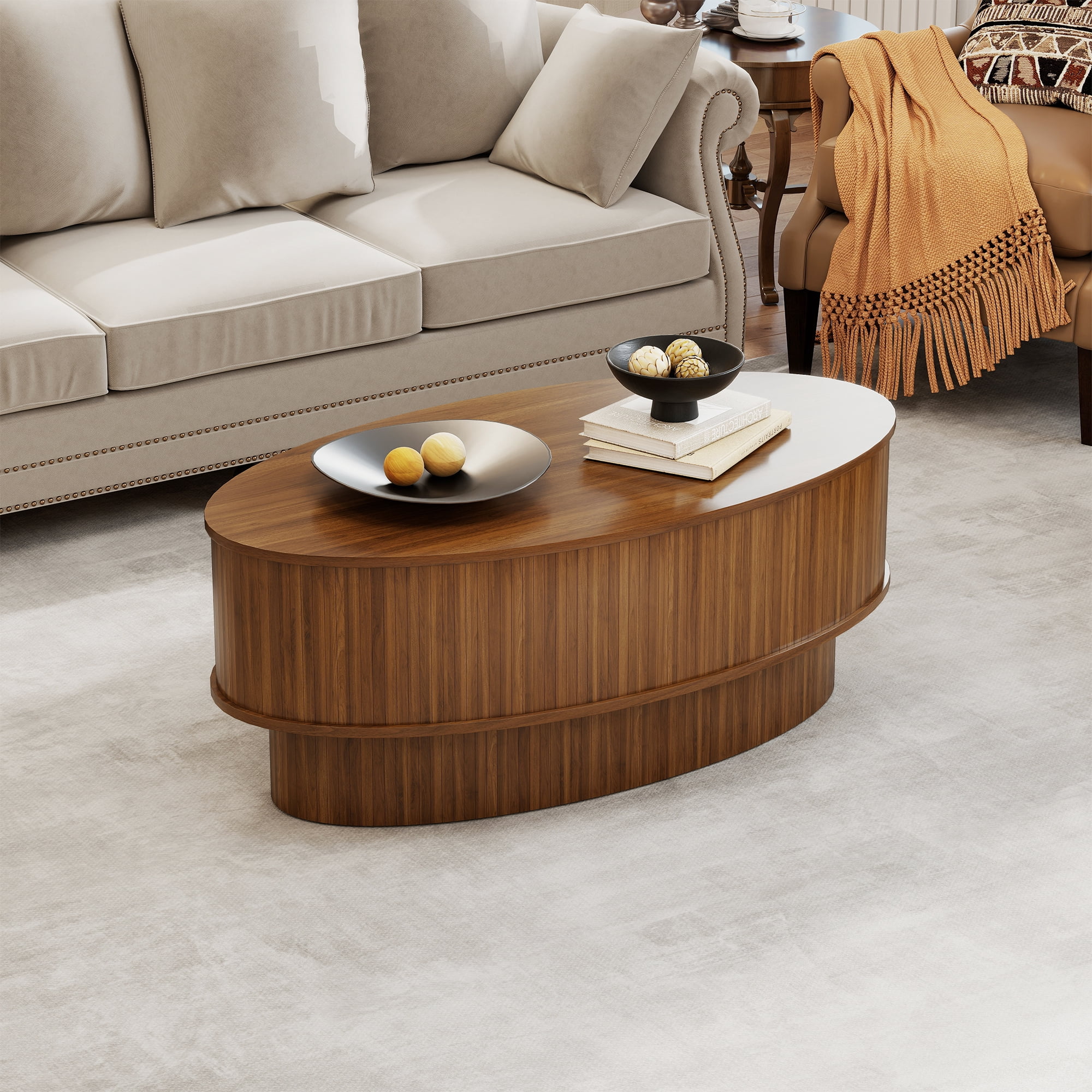 Lift Top Coffee Table with Storage, Mid Century Modern Coffee Table for Living Room, Oval Center Table for Small Space, Walnut