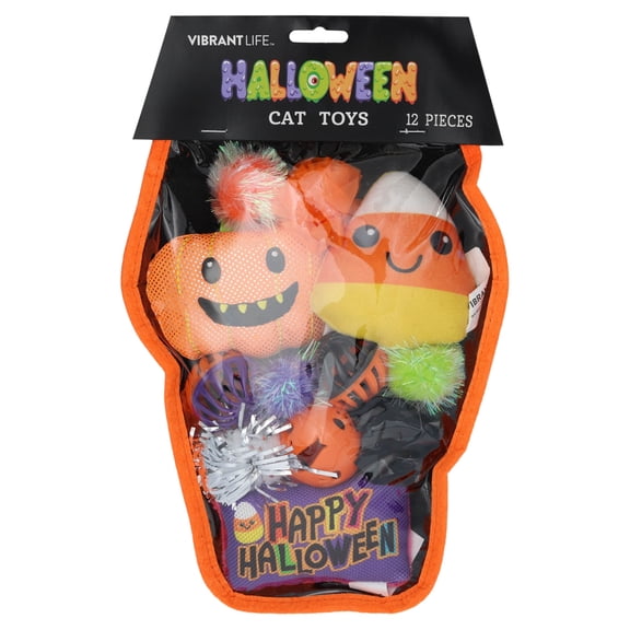 Vibrant Life Halloween Assorted Candy Corn and Pumpkin Cat Toys, 12 Pieces