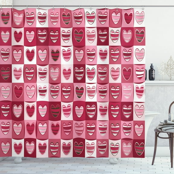 Love Decor Shower Curtain Set, Hearts For Valentine Checked Pattern Square Geometric Vintage Artistic, Bathroom Accessories, 69W X 70L Inches, By Ambesonne