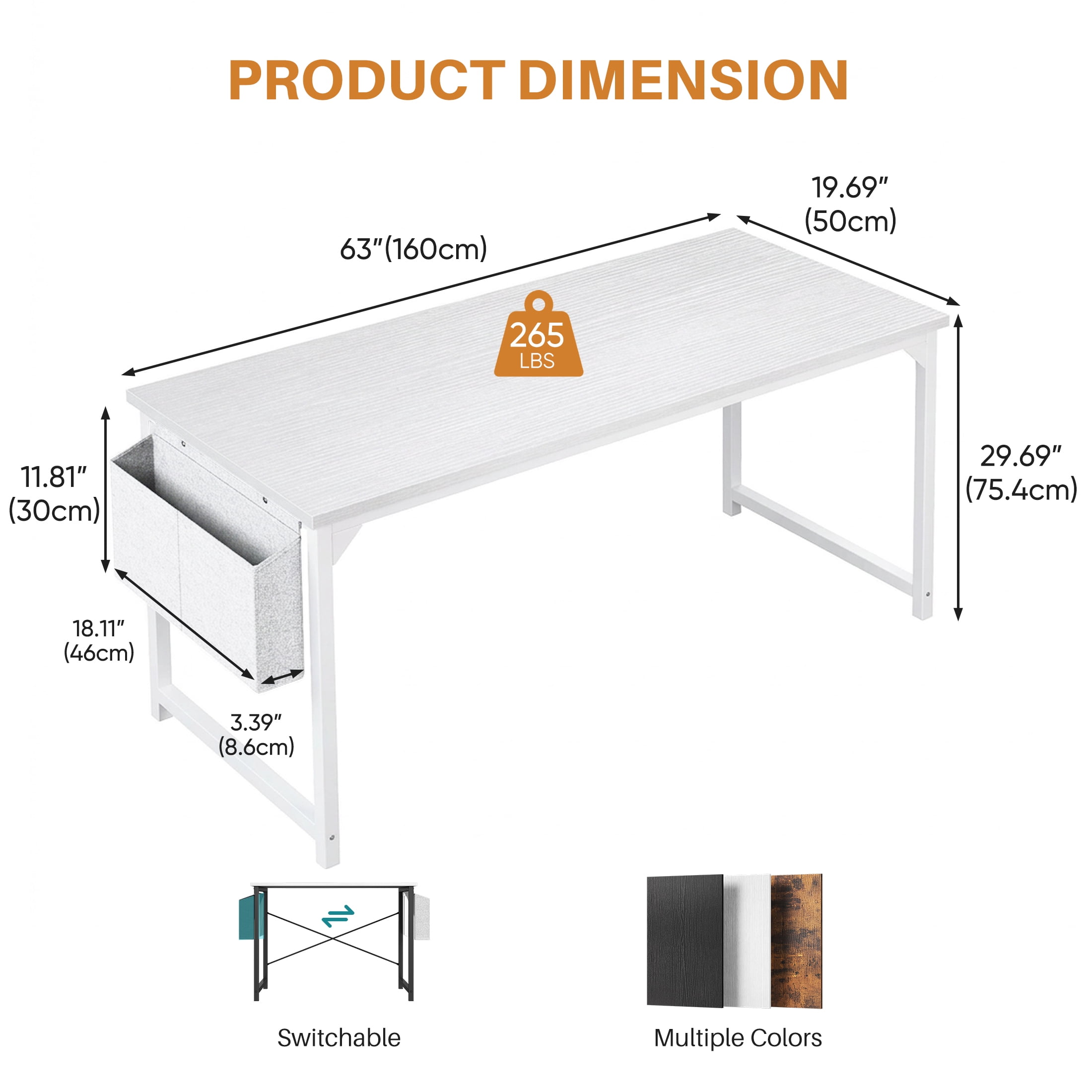 edx 63" Home Office Desk, Computer Desk with Storage Bag & Hook, Waterproof Top & Metal Frame, Modern Simple Study Writing Table for Bedroom, White