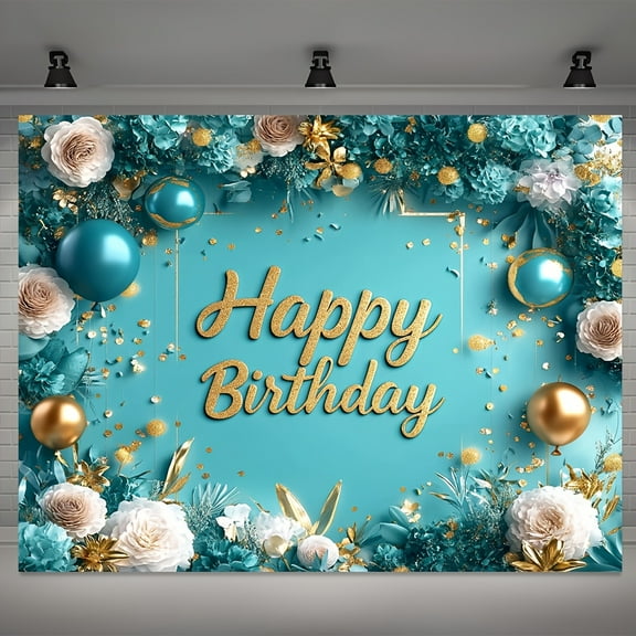 Teal Golden Happy Birthday Backdrop White Turquoise Photography Background for Women Floral Balloon Banner for Birthday Table Wall Decoration Party Supplies