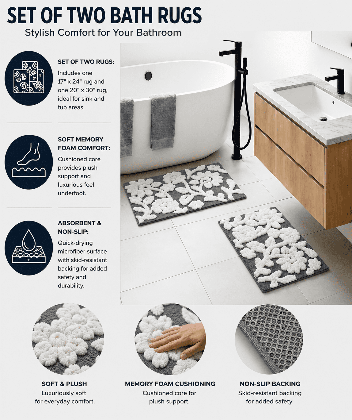 Mainstays 2 Piece Floral Bath Rug Set, Grey, 17" x 24" & 20" x 30"