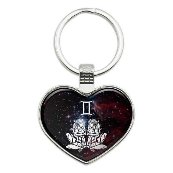 Gemini Twins Zodiac Sign Horoscope in Space Heart Love Metal Keychain Key Chain Ring