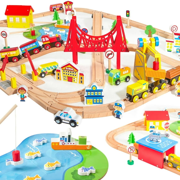 110PCS Wooden Train Set - Urban Journey, City Scene Railway Set with Magnetic Trains, Cars, Helicopter & Ship, Perfect Christmas Birthday Toy Gift for Kids Toddlers Boys Girls A