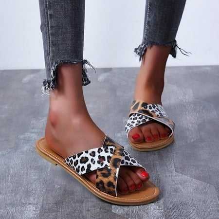 

Summer Ladies Slippers Cross Band Flat Bottom Sandals Casual Women Shoes Leopard Print Slippers