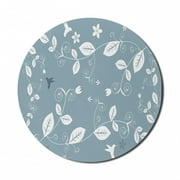 Floral Mouse Pad for Computers, Leaves Flowers Buds Blossoms Ivy Tulips Natural Botanic Modern Artwork Image, Round Non-Slip Thick Rubber Modern Mousepad, 8" Round, Slate Blue White, by Ambesonne