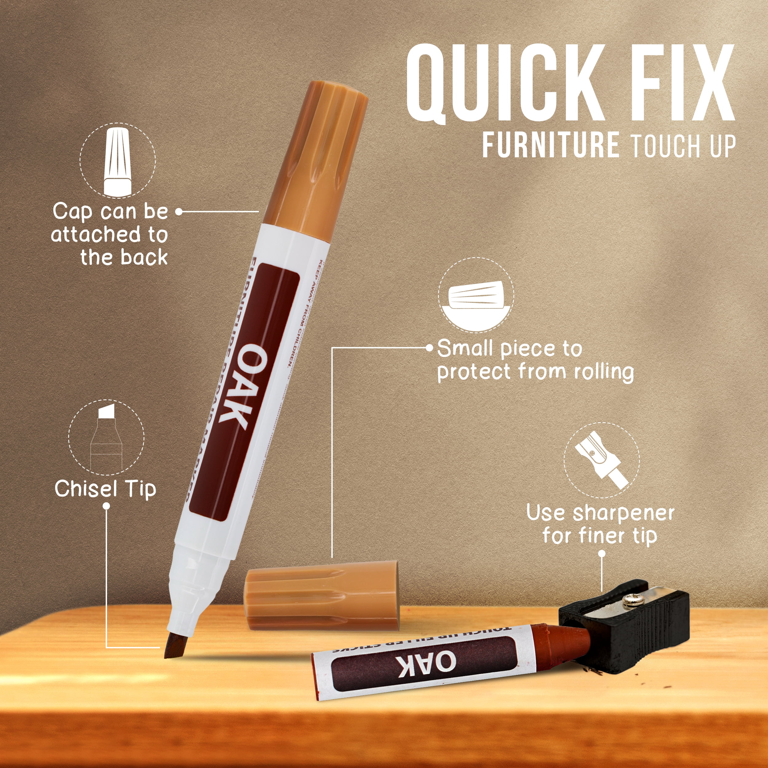 Furniture Markers Touch Up, Wood Scratch and Stain Repair, 8 Felt Tip  Markers, 8 Wax Stick Furniture Crayons & Sharpener, Maple, Oak, Cherry,  Walnut, Mahogany, Black, White and Gray – By RamPro 