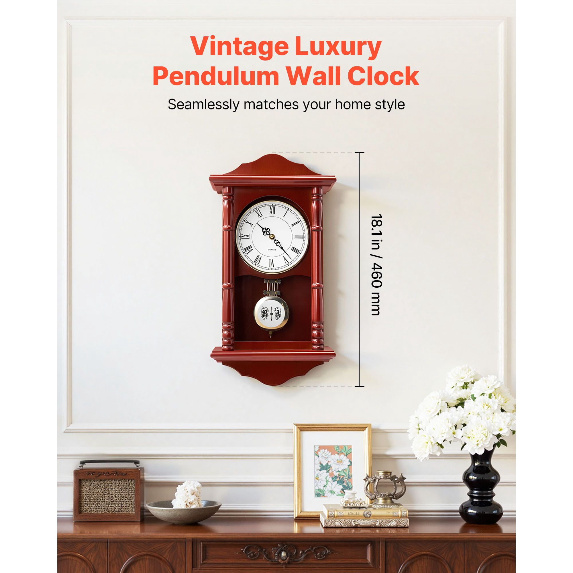 Grandfather Pendulum Clock 18 Inch Pine Wood Silent Quartz Movement for Living Room Bedroom