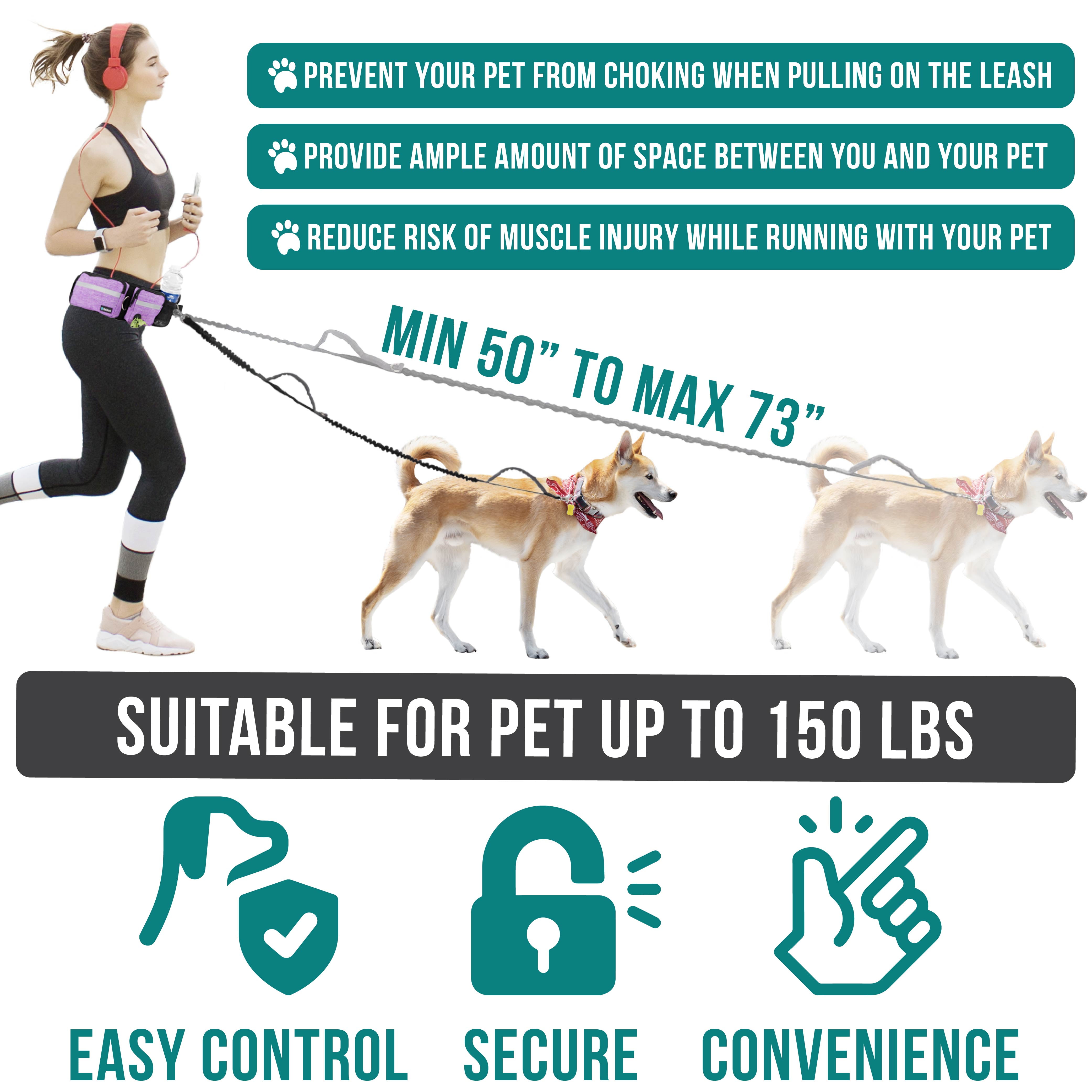 PetAmi Hands Free Dog Leash, Dog Running Leash Belt Bag for Walking, Jogging, Dog Waist Double Zipper Pouch with Poop Bag Dispenser, Dual Padded Handles Reflective Bungee Leash, Double (Purple)
