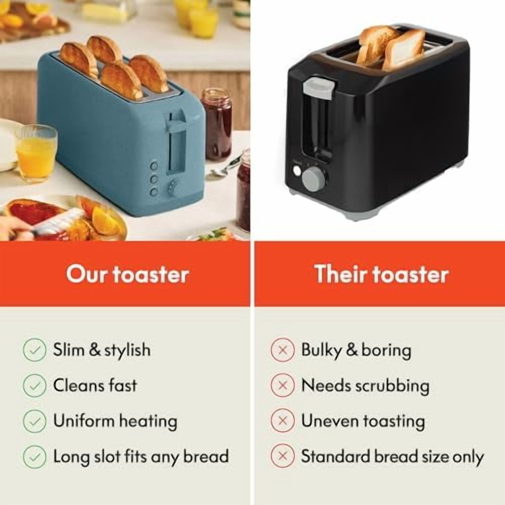 4 Slice Slim Toaster, Fits-anywhere Kitchenware, 6 Setting Shade Control with Reheat & Cancel Buttons, Fits Sourdough, 10” Long Slot, Anti Jam & Auto Shutoff, 900 Watt, Surf