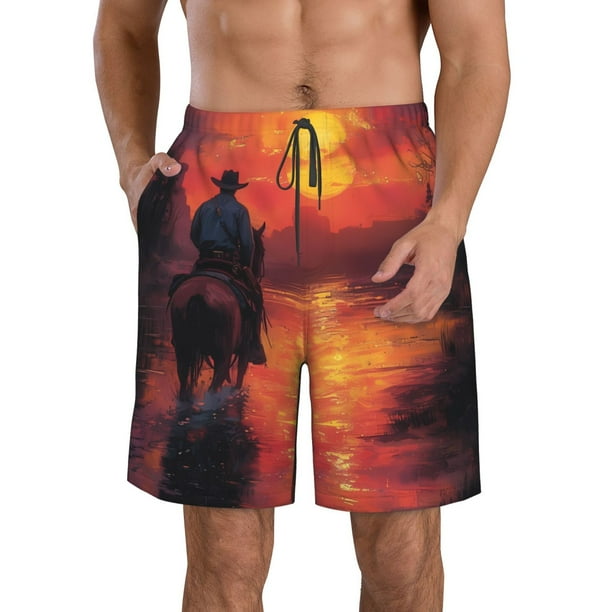 Balery Sunset River Western Cowboy Traje de Baño Estilo Hawaiano para Hombre, Shorts de Secado Rápido con Bolsillos-XX-Large